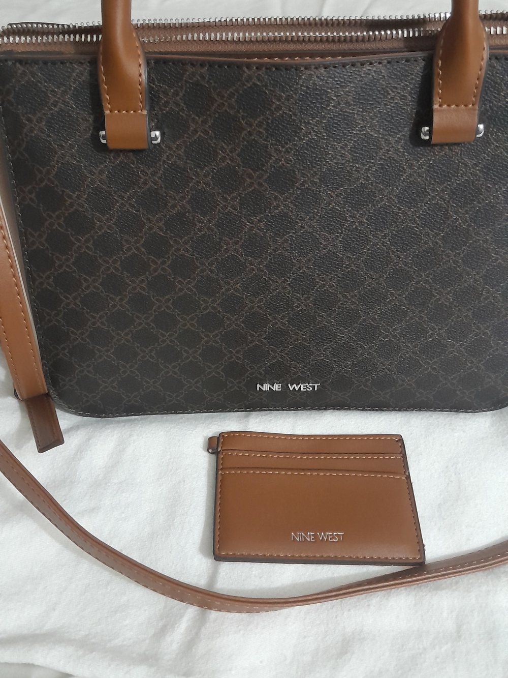 Nine West Brown Monogram Tote with Tan Accents and Card Holder